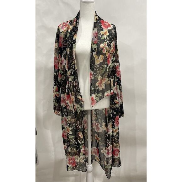 Zara Woman Floral Kimono Duster Black Sheer Size Medium M - XL Side Slits Drape - Picture 2 of 11